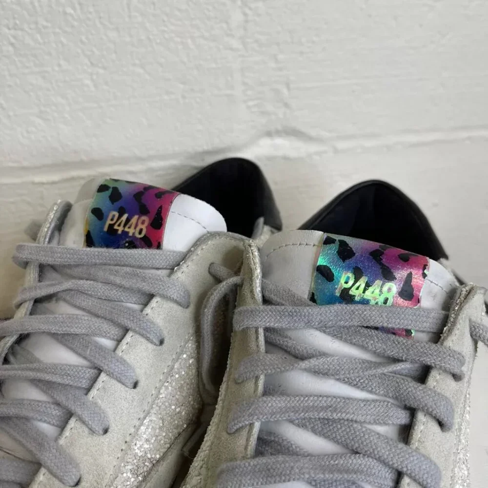 P448 Glitter Colorblock Pattern White Grey Silver Sneakers Low Top Women's 38 EU